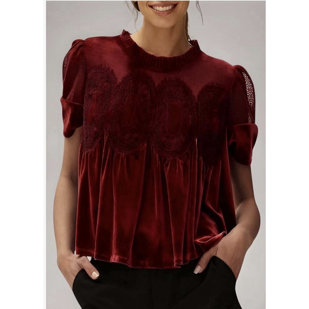 Free People Inspired Velvet Babydoll Lace Victorian Top In Burgundy Sz S